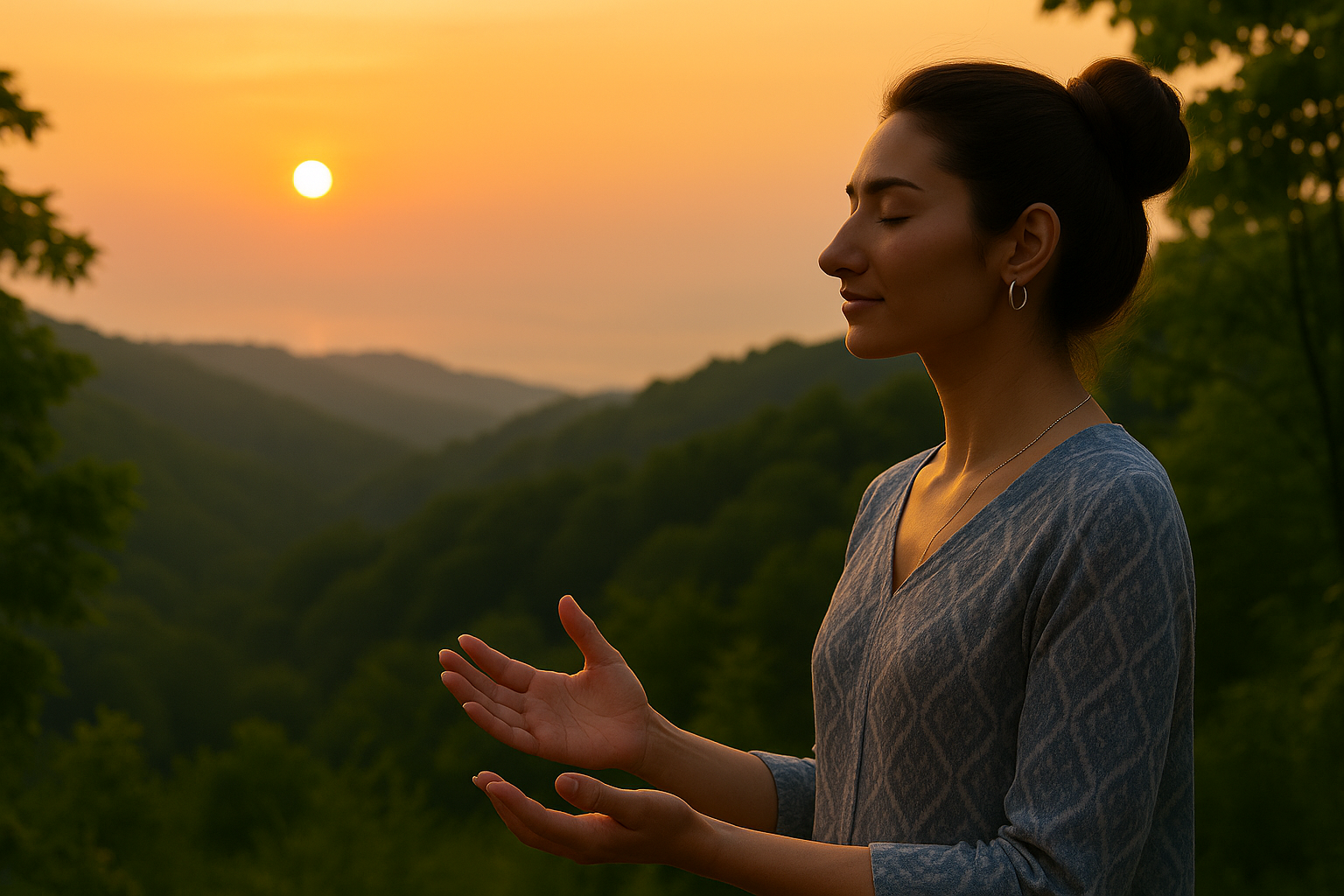 Woman meditating at sunset
